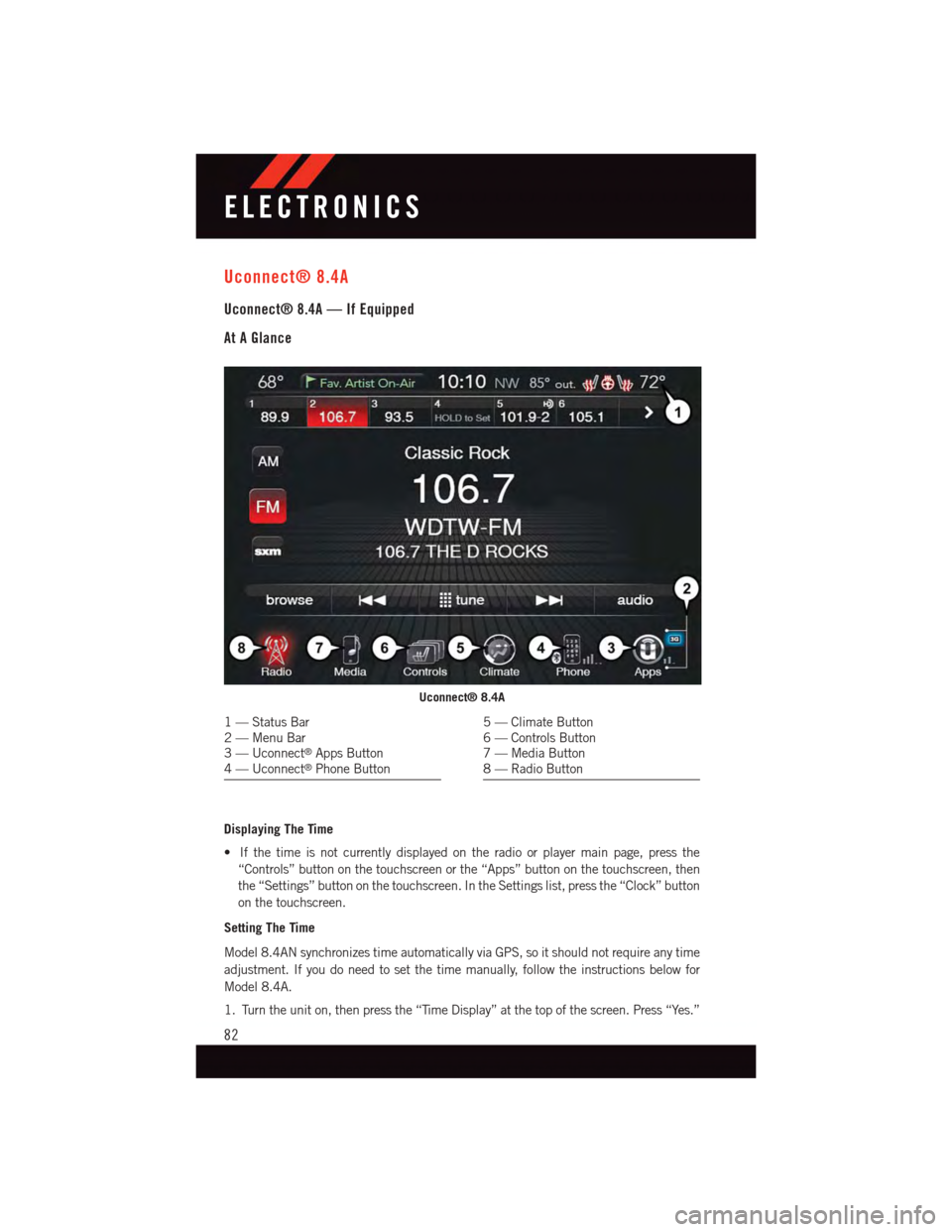 DODGE CHALLENGER 2015 3.G User Guide Uconnect® 8.4A
Uconnect® 8.4A — If Equipped
At A Glance
Displaying The Time
•Ifthetimeisnotcurrentlydisplayedontheradioorplayermainpage,pressthe
“Controls” button on the touchscreen or the DODGE CHALLENGER 2015 3.G User Guide Uconnect® 8.4A
Uconnect® 8.4A — If Equipped
At A Glance
Displaying The Time
•Ifthetimeisnotcurrentlydisplayedontheradioorplayermainpage,pressthe
“Controls” button on the touchscreen or the