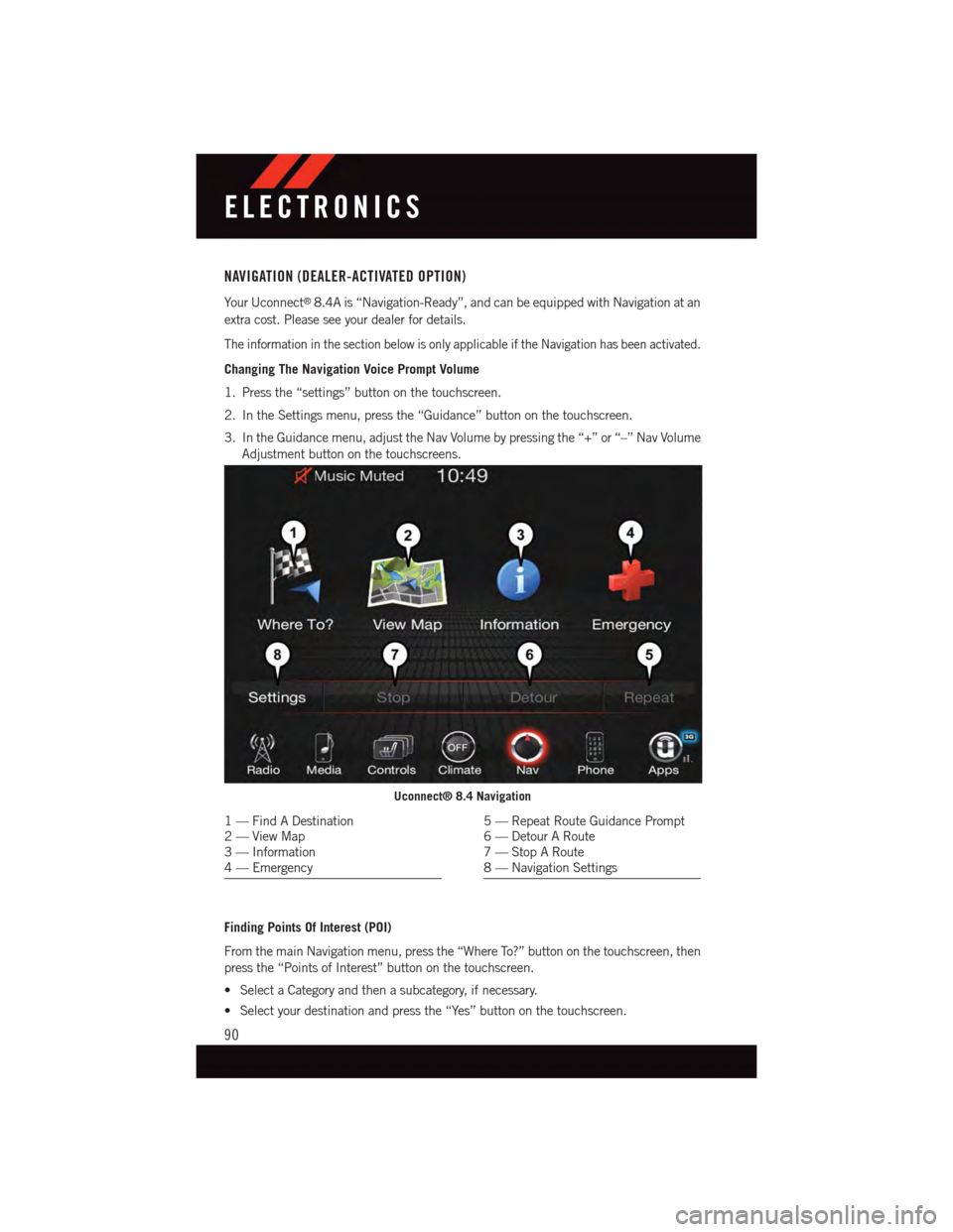 DODGE CHALLENGER 2015 3.G User Guide NAVIGATION (DEALER-ACTIVATED OPTION)
Yo u r U c o n n e c t®8.4A is “Navigation-Ready”, and can be equipped with Navigation at an
extra cost. Please see your dealer for details.
The information i DODGE CHALLENGER 2015 3.G User Guide NAVIGATION (DEALER-ACTIVATED OPTION)
Yo u r U c o n n e c t®8.4A is “Navigation-Ready”, and can be equipped with Navigation at an
extra cost. Please see your dealer for details.
The information i