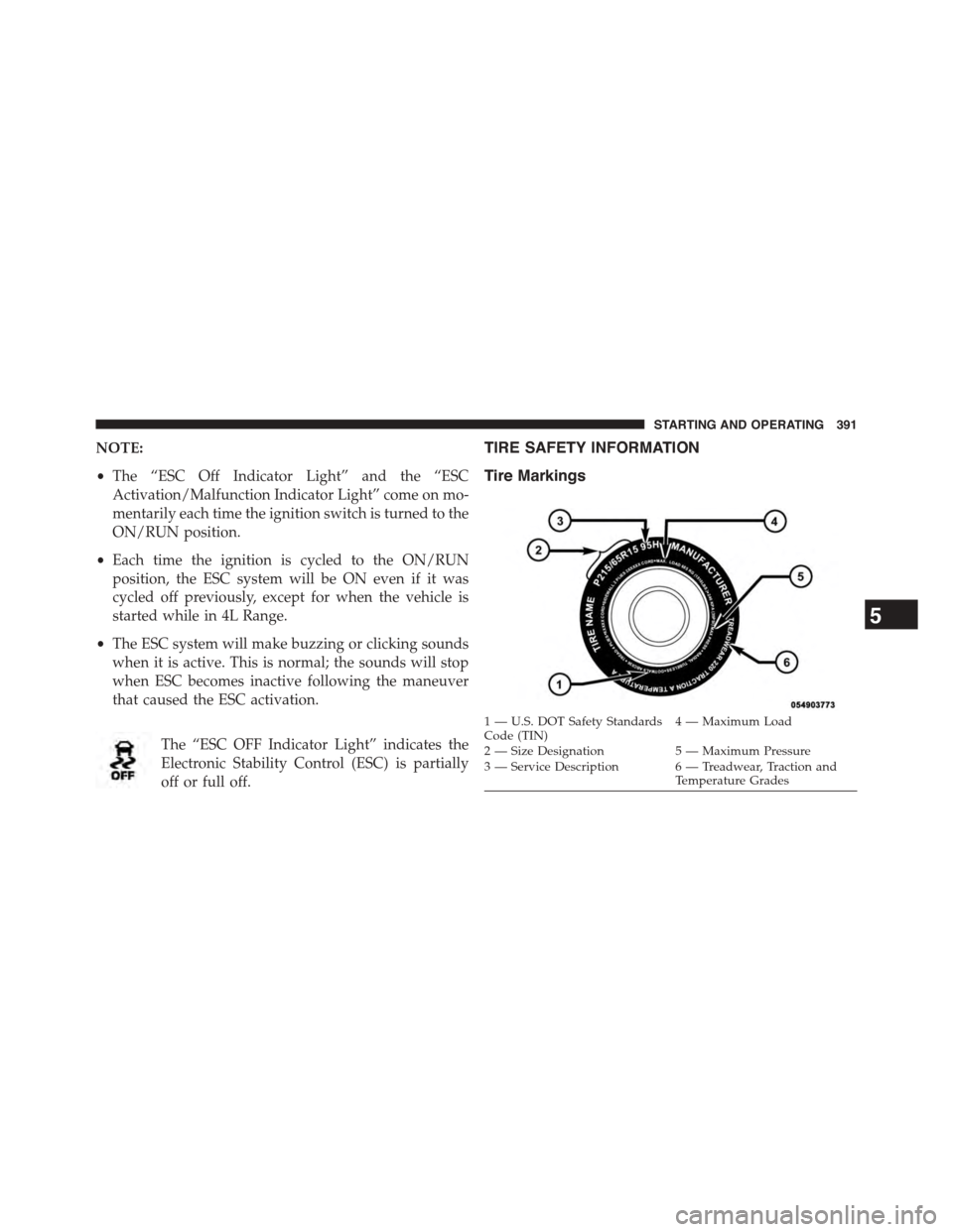 DODGE CHALLENGER 2015 3.G Owners Manual NOTE:
•The “ESC Off Indicator Light” and the “ESC
Activation/Malfunction Indicator Light” come on mo-
mentarily each time the ignition switch is turned to the
ON/RUN position.
•Each time t DODGE CHALLENGER 2015 3.G Owners Manual NOTE:
•The “ESC Off Indicator Light” and the “ESC
Activation/Malfunction Indicator Light” come on mo-
mentarily each time the ignition switch is turned to the
ON/RUN position.
•Each time t
