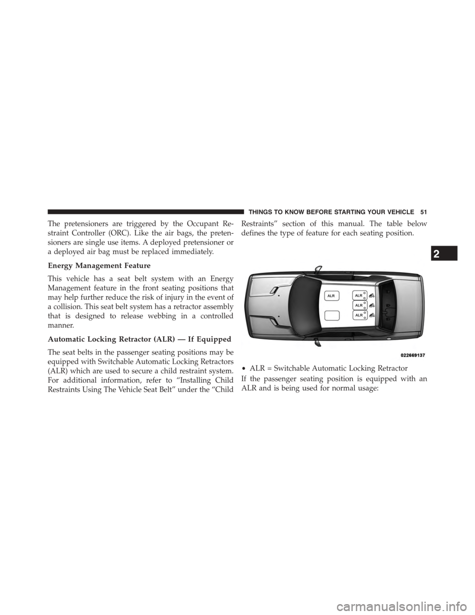 DODGE CHALLENGER 2015 3.G Workshop Manual The pretensioners are triggered by the Occupant Re-
straint Controller (ORC). Like the air bags, the preten-
sioners are single use items. A deployed pretensioner or
a deployed air bag must be replace DODGE CHALLENGER 2015 3.G Workshop Manual The pretensioners are triggered by the Occupant Re-
straint Controller (ORC). Like the air bags, the preten-
sioners are single use items. A deployed pretensioner or
a deployed air bag must be replace