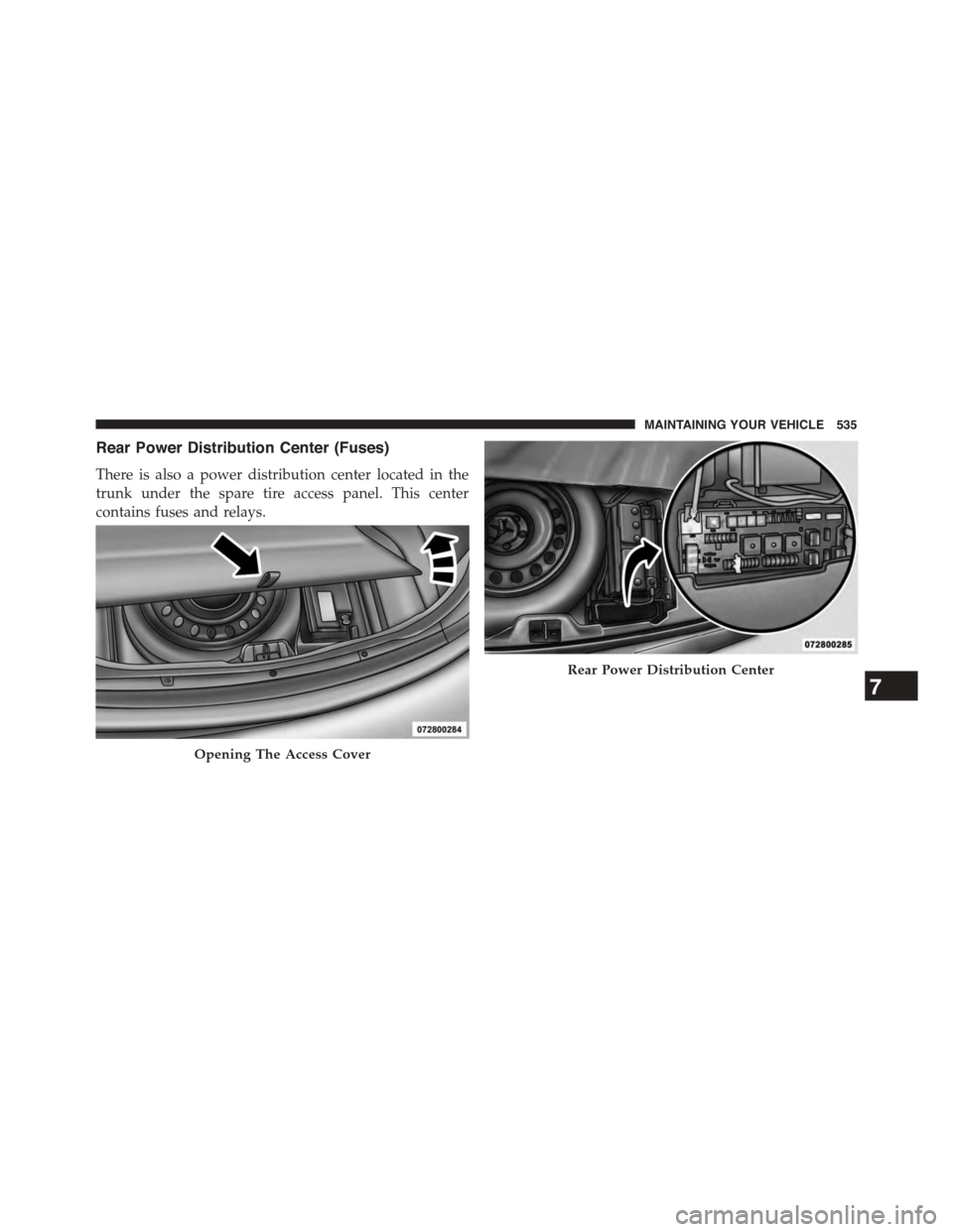 DODGE CHALLENGER 2015 3.G Owners Manual Rear Power Distribution Center (Fuses)
There is also a power distribution center located in the
trunk under the spare tire access panel. This center
contains fuses and relays.
Opening The Access Cover