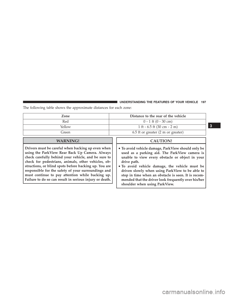 DODGE CHALLENGER 2016 3.G Owners Manual The following table shows the approximate distances for each zone:
ZoneDistance to the rear of the vehicle
Red 0 - 1 ft (0 - 30 cm)
Yellow 1 ft - 6.5 ft (30 cm - 2 m)
Green 6.5 ft or greater (2 m or g