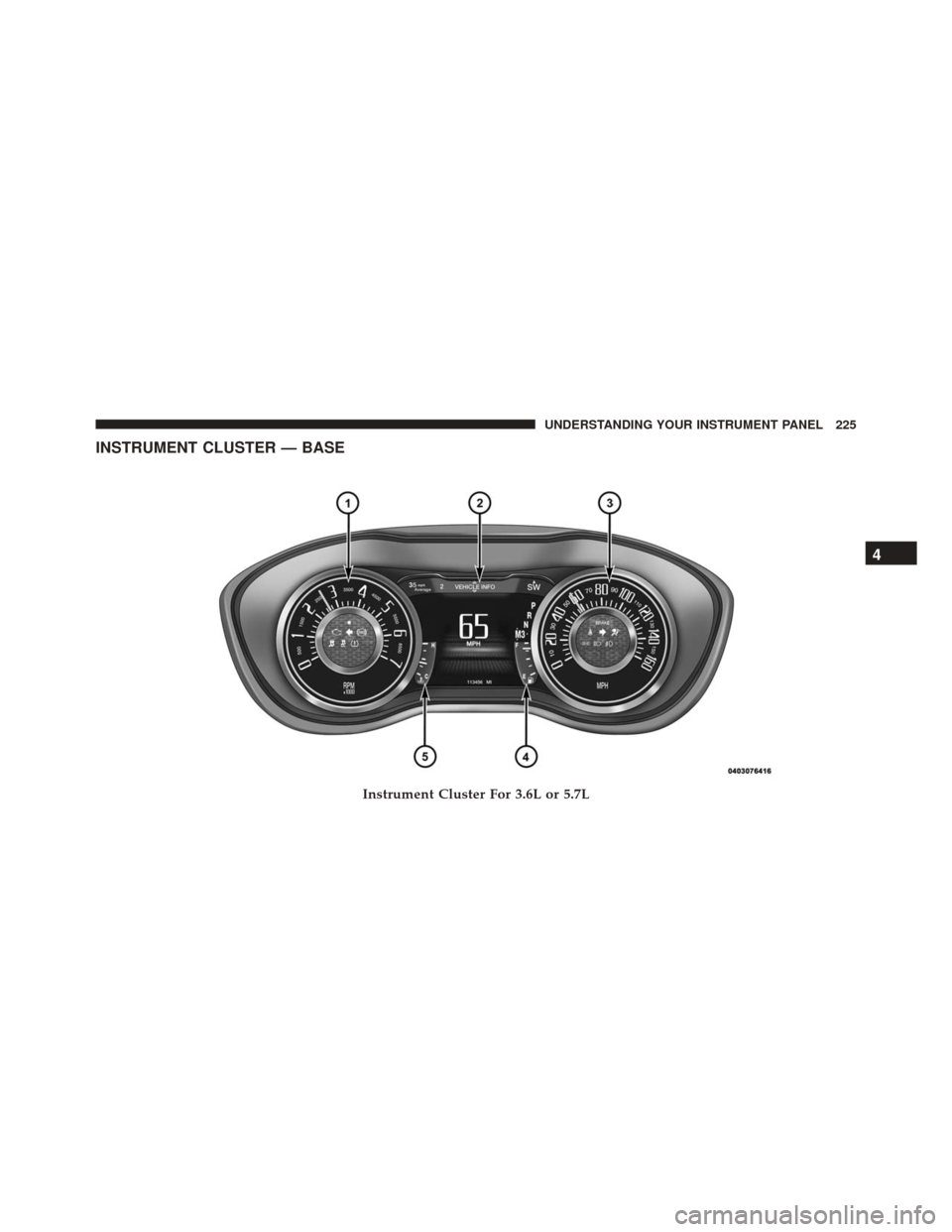 DODGE CHALLENGER 2016 3.G Owners Manual INSTRUMENT CLUSTER — BASE
Instrument Cluster For 3.6L or 5.7L
4
UNDERSTANDING YOUR INSTRUMENT PANEL 225 