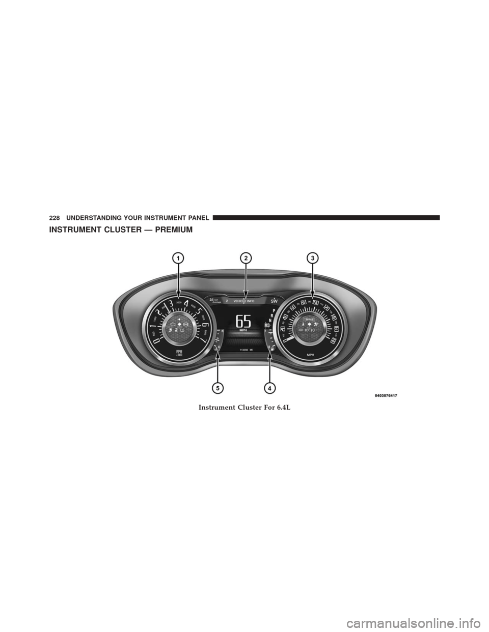 DODGE CHALLENGER 2016 3.G Owners Manual INSTRUMENT CLUSTER — PREMIUM
Instrument Cluster For 6.4L
228 UNDERSTANDING YOUR INSTRUMENT PANEL 