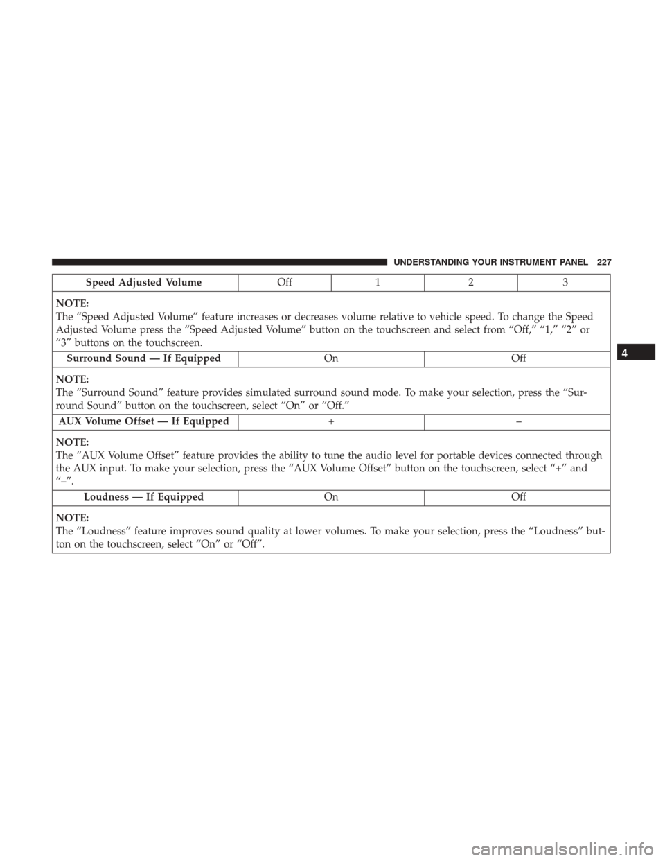 DODGE CHALLENGER 2017 3.G Owners Manual Speed Adjusted VolumeOff 1 2 3
NOTE:
The “Speed Adjusted Volume” feature increases or decreases volume relative to vehicle speed. To change the Speed
Adjusted Volume press the “Speed Adjusted Vo DODGE CHALLENGER 2017 3.G Owners Manual Speed Adjusted VolumeOff 1 2 3
NOTE:
The “Speed Adjusted Volume” feature increases or decreases volume relative to vehicle speed. To change the Speed
Adjusted Volume press the “Speed Adjusted Vo
