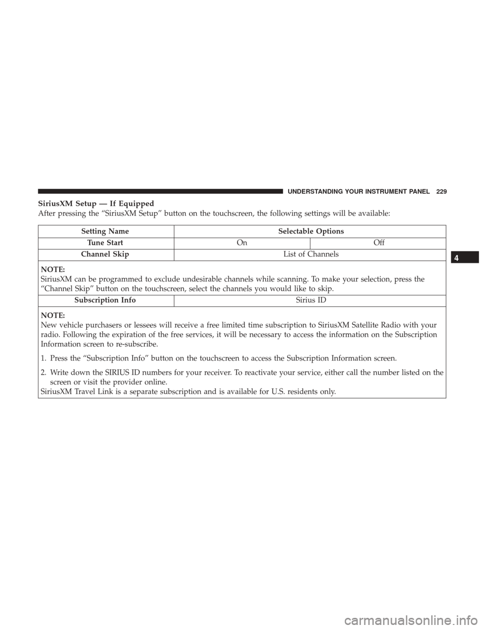 DODGE CHALLENGER 2017 3.G Owners Manual SiriusXM Setup — If Equipped
After pressing the “SiriusXM Setup” button on the touchscreen, the following settings will be available:
Setting NameSelectable Options
Tune Start OnOff
Channel Skip