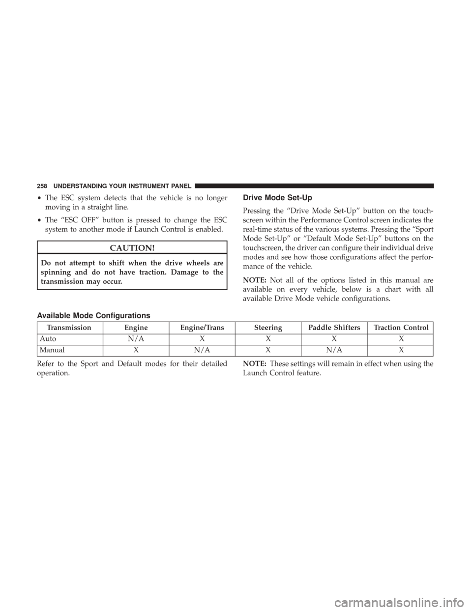 DODGE CHALLENGER 2017 3.G Owners Manual •The ESC system detects that the vehicle is no longer
moving in a straight line.
• The “ESC OFF” button is pressed to change the ESC
system to another mode if Launch Control is enabled.
CAUTIO