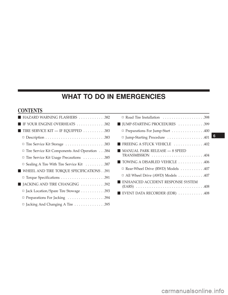 DODGE CHALLENGER 2017 3.G Owners Manual WHAT TO DO IN EMERGENCIES
CONTENTS
HAZARD WARNING FLASHERS ............382
 IF YOUR ENGINE OVERHEATS .............382
 TIRE SERVICE KIT — IF EQUIPPED ..........383
▫ Description ...............