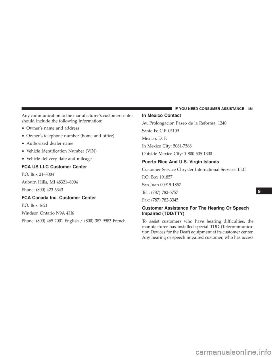 DODGE CHALLENGER 2017 3.G Owners Manual Any communication to the manufacturer’s customer center
should include the following information:
•Owner’s name and address
• Owner’s telephone number (home and office)
• Authorized dealer
