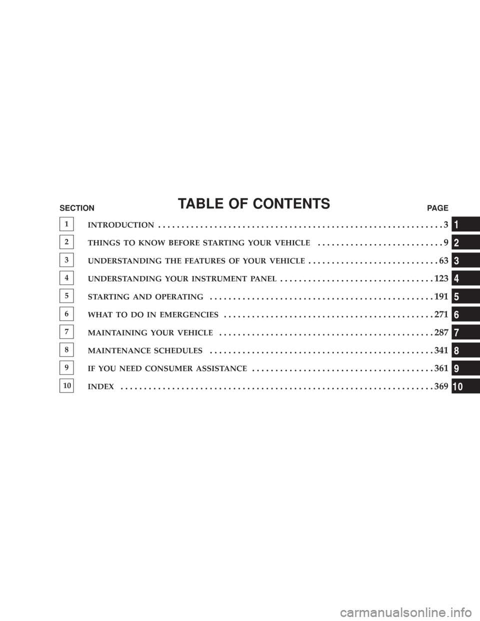 DODGE CHARGER 2007 6.G Owners Manual TABLE OF CONTENTSSECTIONPAGE
1
INTRODUCTION.............................................................3
2
THINGS TO KNOW BEFORE STARTING YOUR VEHICLE...........................9
3
UNDERSTANDING THE 