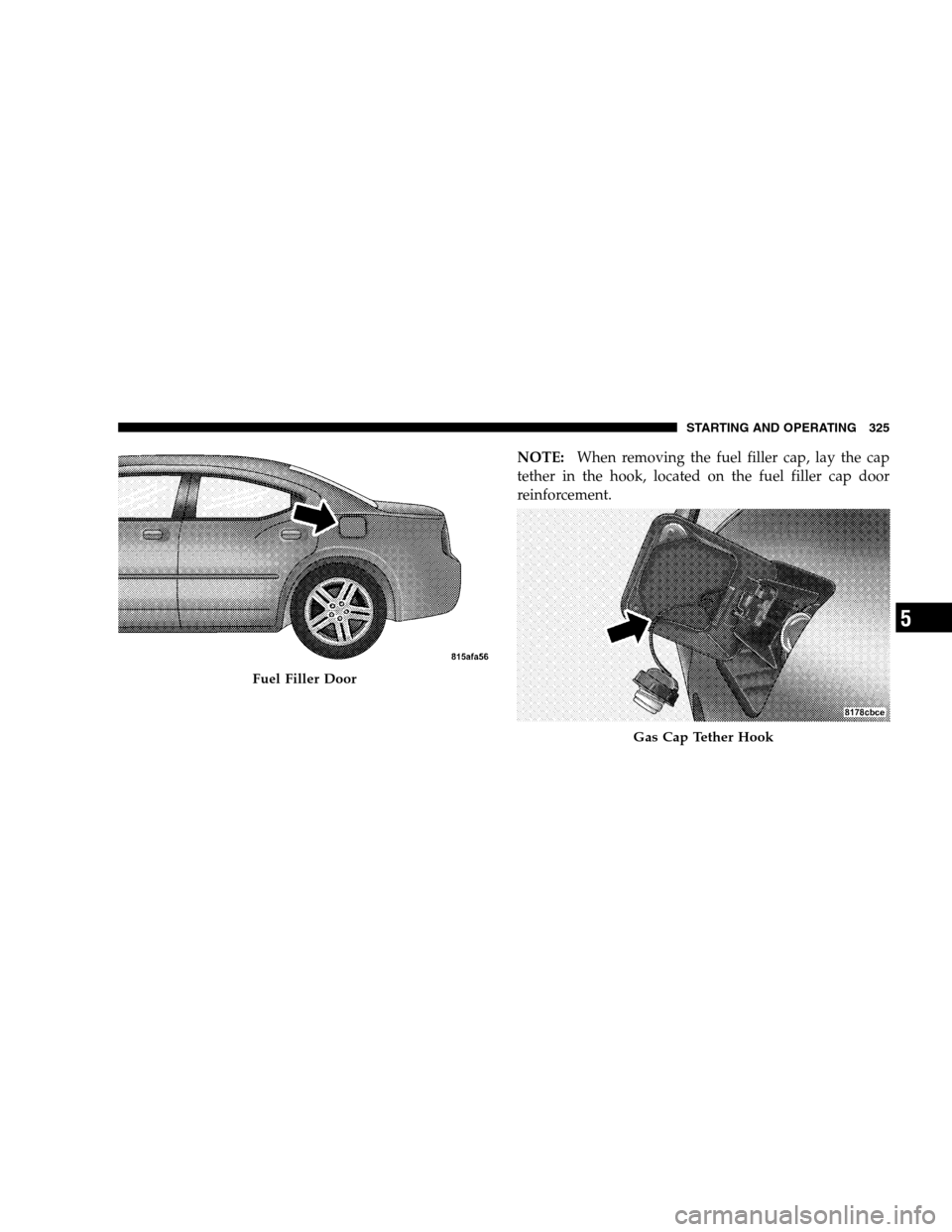 DODGE CHARGER SRT 2008 6.G Owners Manual NOTE:When removing the fuel filler cap, lay the cap
tether in the hook, located on the fuel filler cap door
reinforcement.
Fuel Filler Door
Gas Cap Tether Hook
STARTING AND OPERATING 325
5 