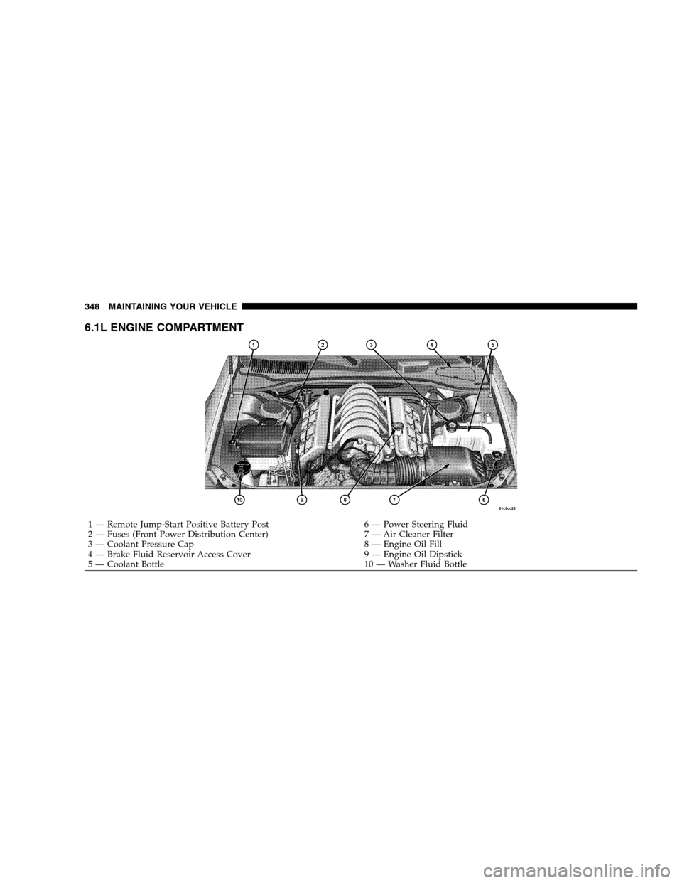 DODGE CHARGER SRT 2008 6.G Owners Manual 6.1L ENGINE COMPARTMENT
1 — Remote Jump-Start Positive Battery Post 6 — Power Steering Fluid
2 — Fuses (Front Power Distribution Center) 7 — Air Cleaner Filter
3 — Coolant Pressure Cap 8 —