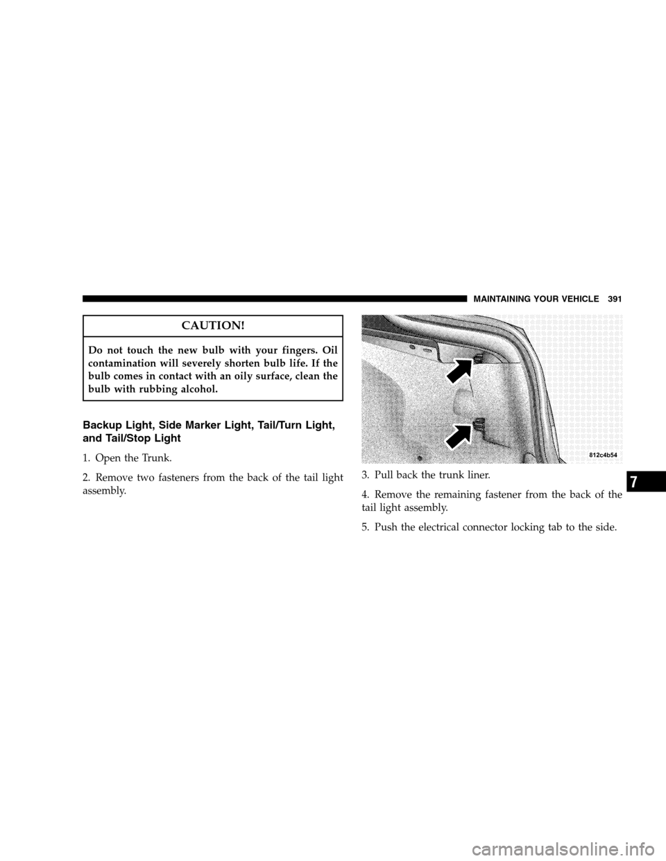 DODGE CHARGER SRT 2008 6.G Owners Manual CAUTION!
Do not touch the new bulb with your fingers. Oil
contamination will severely shorten bulb life. If the
bulb comes in contact with an oily surface, clean the
bulb with rubbing alcohol.
Backup 