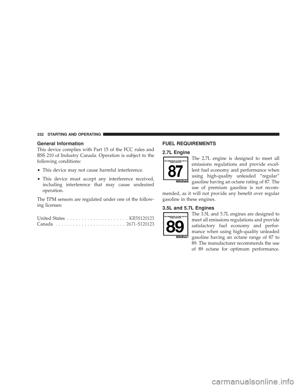 DODGE CHARGER 2009 6.G Owners Manual General Information
This device complies with Part 15 of the FCC rules and
RSS 210 of Industry Canada. Operation is subject to the
following conditions:
•This device may not cause harmful interferen