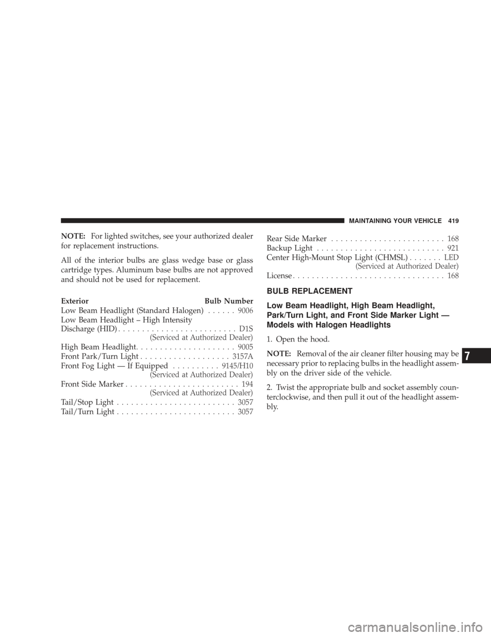 DODGE CHARGER 2009 6.G Owners Manual NOTE:For lighted switches, see your authorized dealer
for replacement instructions.
All of the interior bulbs are glass wedge base or glass
cartridge types. Aluminum base bulbs are not approved
and sh