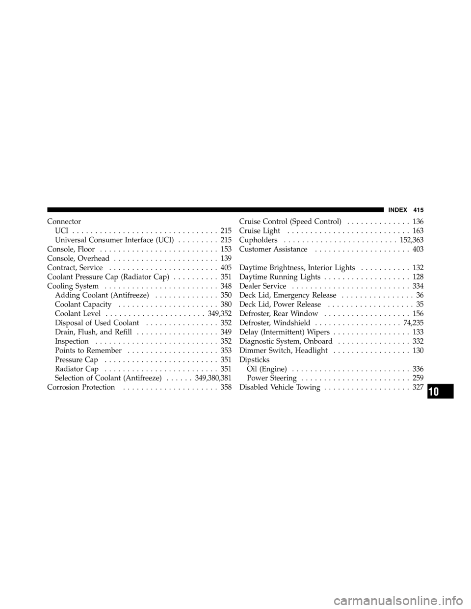 DODGE CHARGER SRT 2010 7.G Owners Manual ConnectorUCI ................................ 215
Universal Consumer Interface (UCI) ......... 215
Console, Floor .......................... 153
Console, Overhead ....................... 139
Contract,