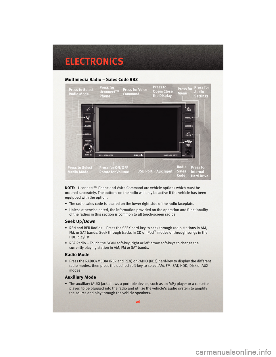 DODGE CHARGER 2010 7.G User Guide Multimedia Radio – Sales Code RBZ
NOTE:Uconnect™ Phone and Voice Command are vehicle options which must be
ordered separately. The butt ons on the radio will only be active if the vehicle has been