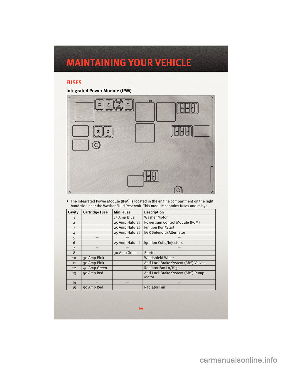 DODGE CHARGER 2010 7.G User Guide FUSES
Integrated Power Module (IPM)
• The Integrated Power Module (IPM) is located in the engine compartment on the righthand side near the Washer Fluid Reservoir. This module contains fuses and rel