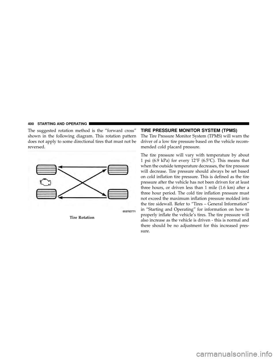 DODGE CHARGER 2011 7.G Owners Manual The suggested rotation method is the “forward cross”
shown in the following diagram. This rotation pattern
does not apply to some directional tires that must not be
reversed.TIRE PRESSURE MONITOR 