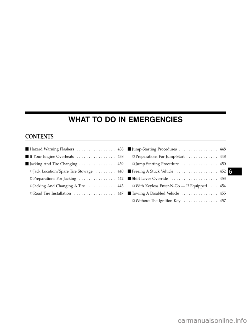 DODGE CHARGER 2011 7.G Owners Manual WHAT TO DO IN EMERGENCIES
CONTENTS
Hazard Warning Flashers ................ 438
 If Your Engine Overheats ................ 438
 Jacking And Tire Changing ............... 439
▫ Jack Location/Spare