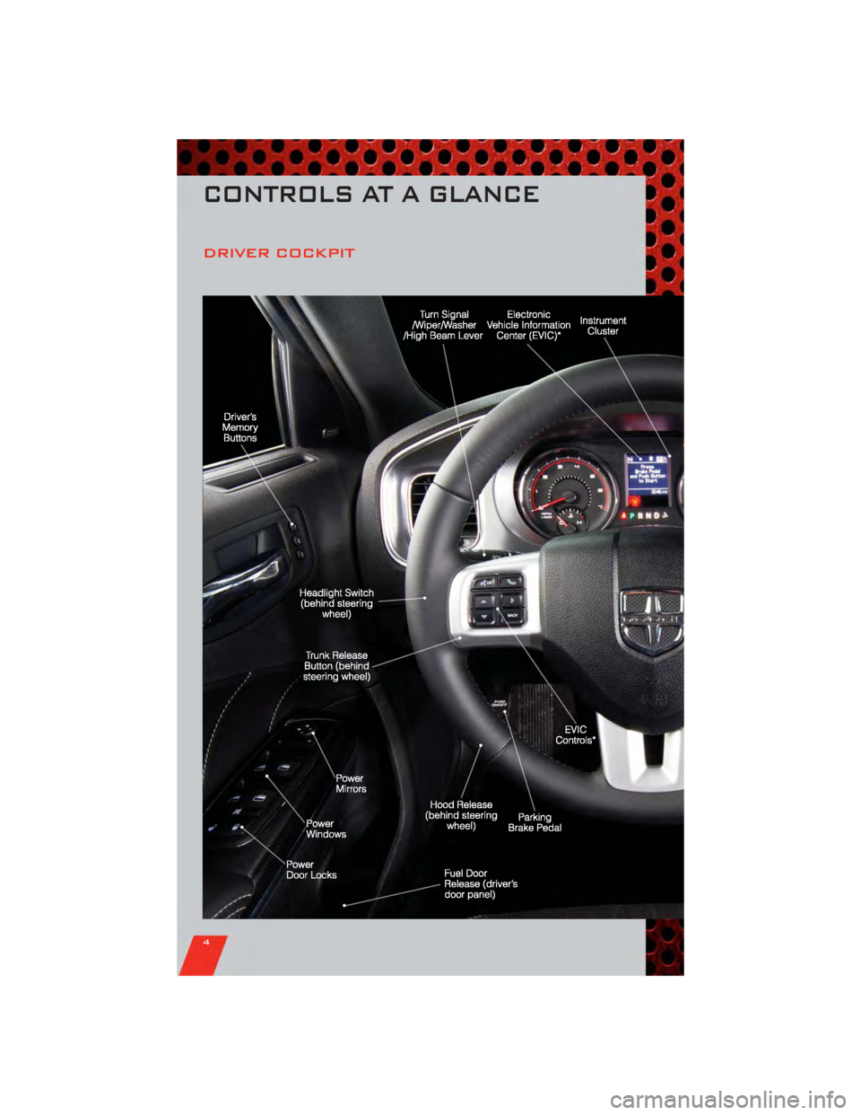 DODGE CHARGER 2011 7.G Owners Manual DRIVER COCKPIT
CONTROLS AT A GLANCE
4 DODGE CHARGER 2011 7.G Owners Manual DRIVER COCKPIT
CONTROLS AT A GLANCE
4