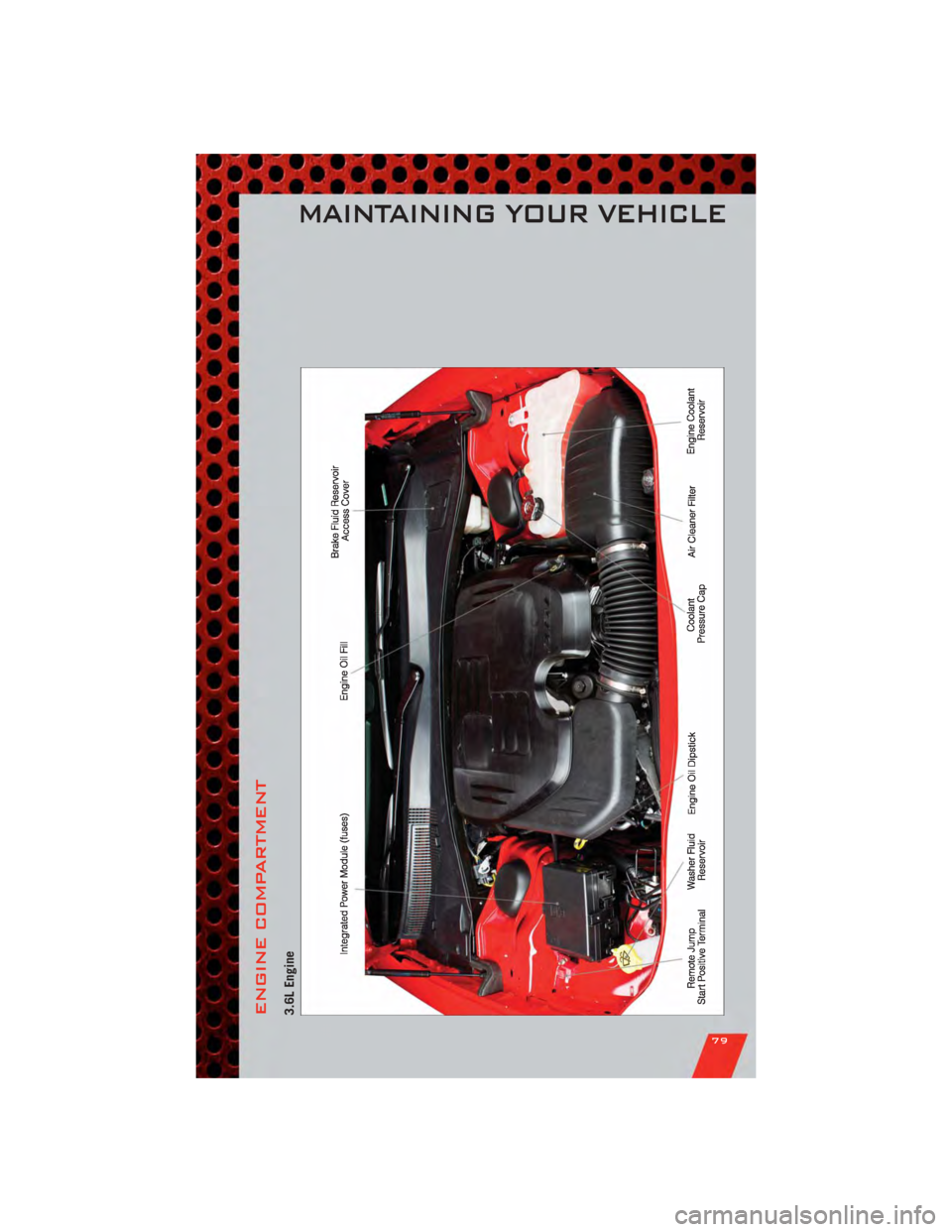DODGE CHARGER 2011 7.G Manual Online ENGINE COMPARTMENT3.6L Engine
MAINTAINING YOUR VEHICLE
79 