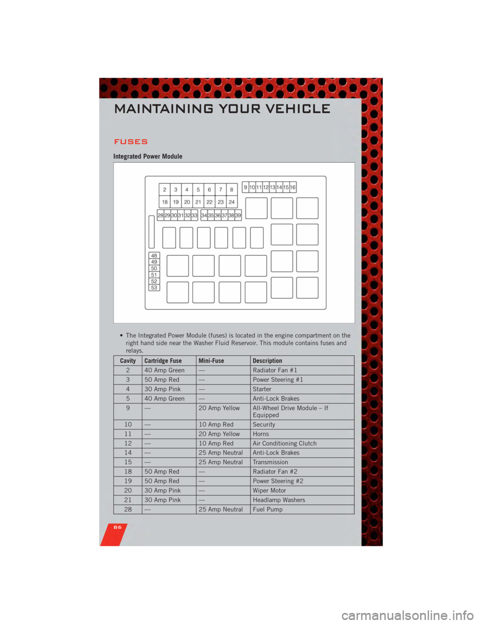 DODGE CHARGER 2011 7.G Manual Online FUSES
Integrated Power Module
• The Integrated Power Module (fuses) is located in the engine compartment on theright hand side near the Washer Fluid Reservoir. This module contains fuses and
relays.