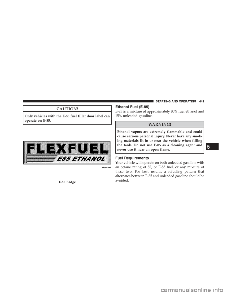 DODGE CHARGER 2012 7.G Owners Manual CAUTION!
Only vehicles with the E-85 fuel filler door label can
operate on E-85.
Ethanol Fuel (E-85)
E-85 is a mixture of approximately 85% fuel ethanol and
15% unleaded gasoline.
WARNING!
Ethanol vap DODGE CHARGER 2012 7.G Owners Manual CAUTION!
Only vehicles with the E-85 fuel filler door label can
operate on E-85.
Ethanol Fuel (E-85)
E-85 is a mixture of approximately 85% fuel ethanol and
15% unleaded gasoline.
WARNING!
Ethanol vap