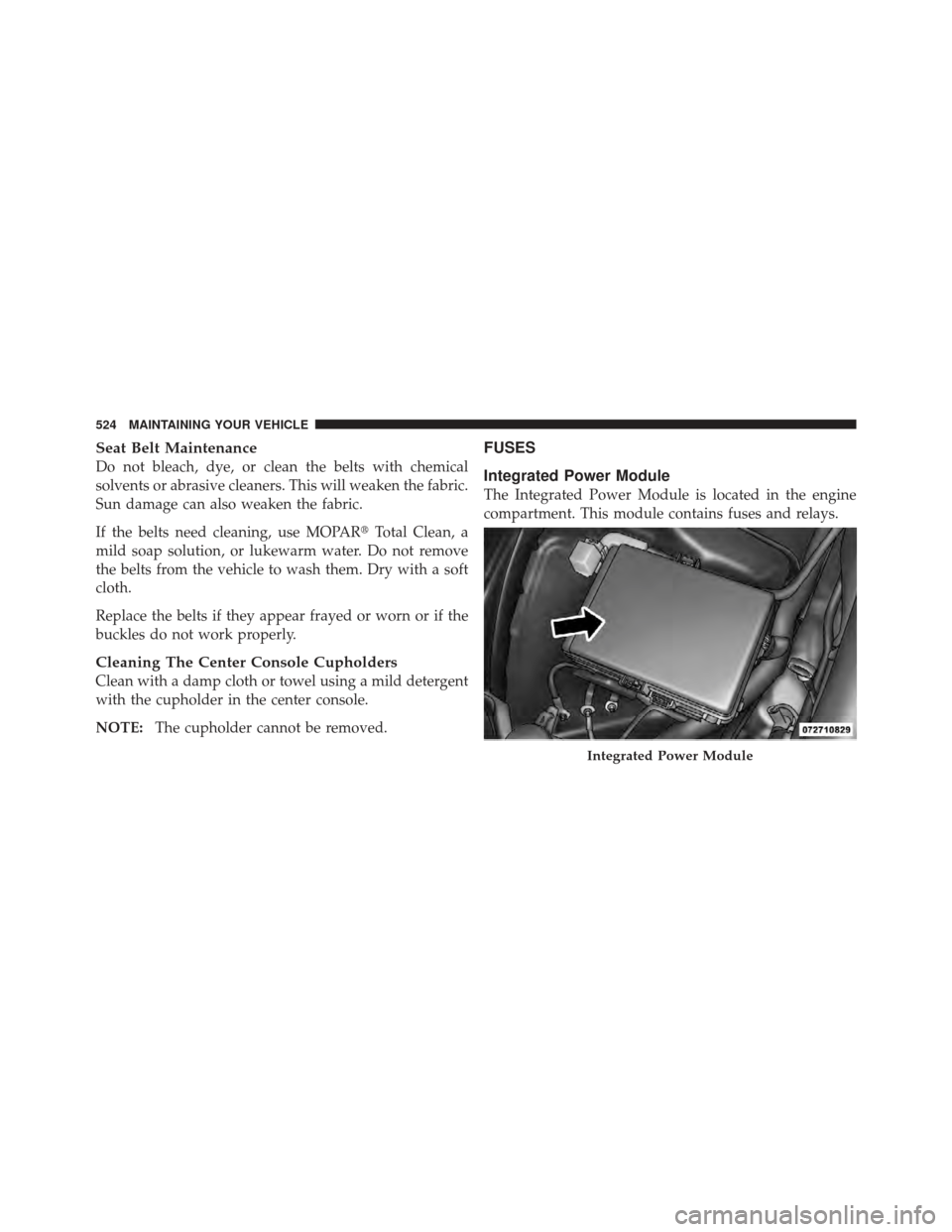 DODGE CHARGER 2012 7.G Owners Manual Seat Belt Maintenance
Do not bleach, dye, or clean the belts with chemical
solvents or abrasive cleaners. This will weaken the fabric.
Sun damage can also weaken the fabric.
If the belts need cleaning