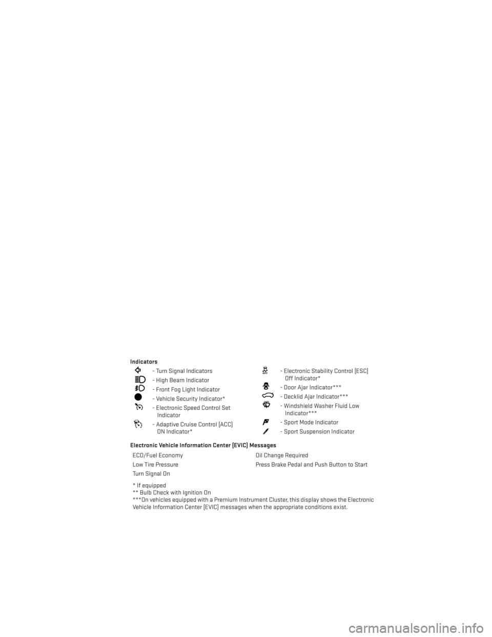 DODGE CHARGER 2013 7.G User Guide Indicators
- Turn Signal Indicators
- High Beam Indicator
- Front Fog Light Indicator
- Vehicle Security Indicator*
- Electronic Speed Control SetIndicator
- Adaptive Cruise Control (ACC)ON Indicator*