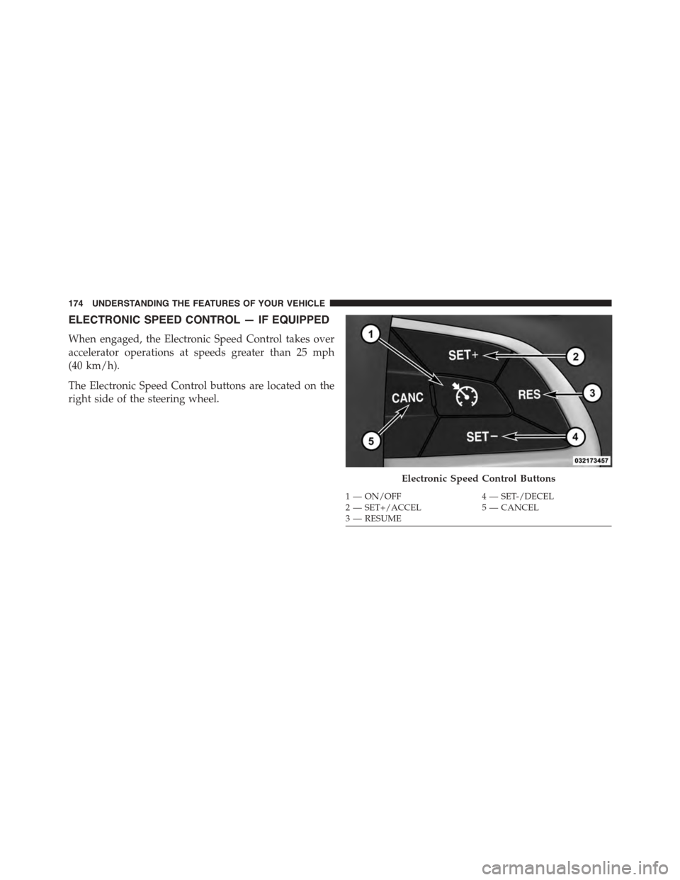 DODGE CHARGER 2015 7.G Owners Manual ELECTRONIC SPEED CONTROL — IF EQUIPPED
When engaged, the Electronic Speed Control takes over
accelerator operations at speeds greater than 25 mph
(40 km/h).
The Electronic Speed Control buttons are DODGE CHARGER 2015 7.G Owners Manual ELECTRONIC SPEED CONTROL — IF EQUIPPED
When engaged, the Electronic Speed Control takes over
accelerator operations at speeds greater than 25 mph
(40 km/h).
The Electronic Speed Control buttons are