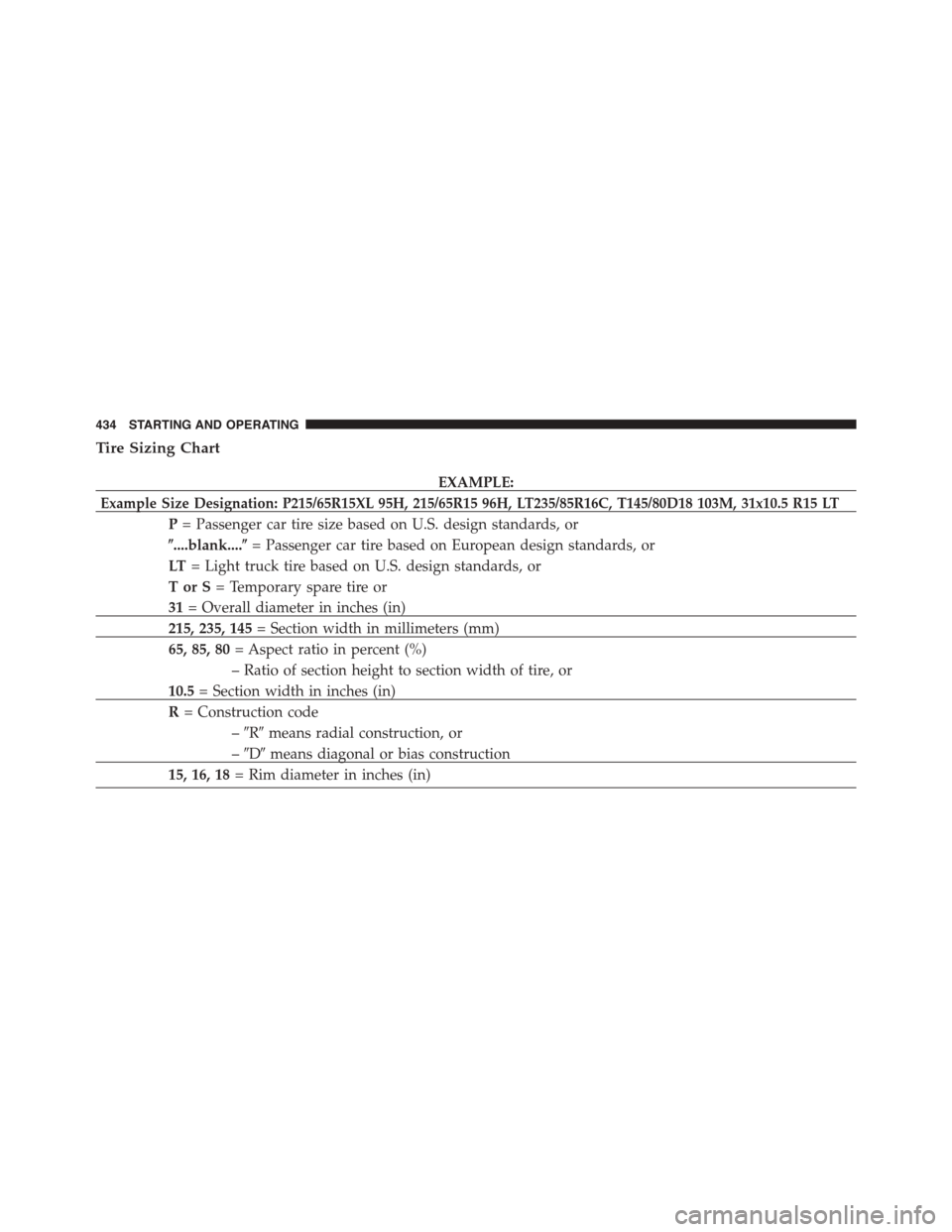 DODGE CHARGER 2015 7.G Owners Manual Tire Sizing Chart
EXAMPLE:
Example Size Designation: P215/65R15XL 95H, 215/65R15 96H, LT235/85R16C, T145/80D18 103M, 31x10.5 R15 LT
P= Passenger car tire size based on U.S. design standards, or
%....b DODGE CHARGER 2015 7.G Owners Manual Tire Sizing Chart
EXAMPLE:
Example Size Designation: P215/65R15XL 95H, 215/65R15 96H, LT235/85R16C, T145/80D18 103M, 31x10.5 R15 LT
P= Passenger car tire size based on U.S. design standards, or
%....b