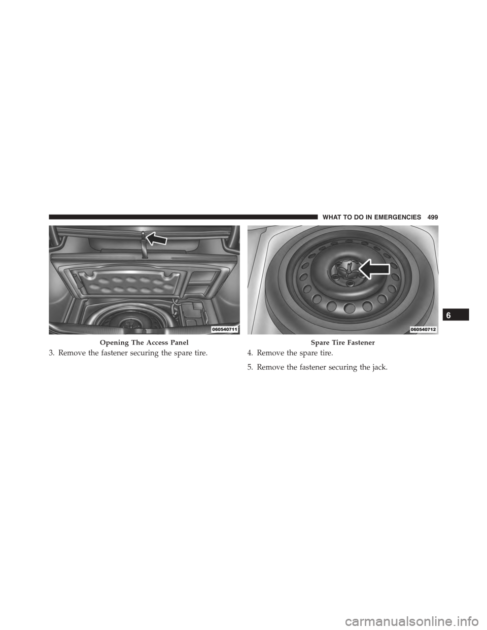 DODGE CHARGER 2015 7.G Owners Manual 3. Remove the fastener securing the spare tire.4. Remove the spare tire.
5. Remove the fastener securing the jack.
Opening The Access PanelSpare Tire Fastener
6
WHAT TO DO IN EMERGENCIES 499 