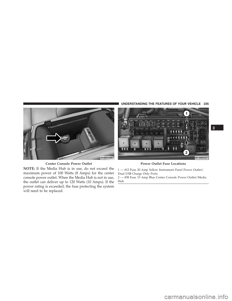 DODGE CHARGER SRT 2015 7.G Owners Manual NOTE:If the Media Hub is in use, do not exceed the
maximum power of 100 Watts (8 Amps) for the center
console power outlet. When the Media Hub is not in use,
the outlet can deliver up to 120 Watts (10 DODGE CHARGER SRT 2015 7.G Owners Manual NOTE:If the Media Hub is in use, do not exceed the
maximum power of 100 Watts (8 Amps) for the center
console power outlet. When the Media Hub is not in use,
the outlet can deliver up to 120 Watts (10
