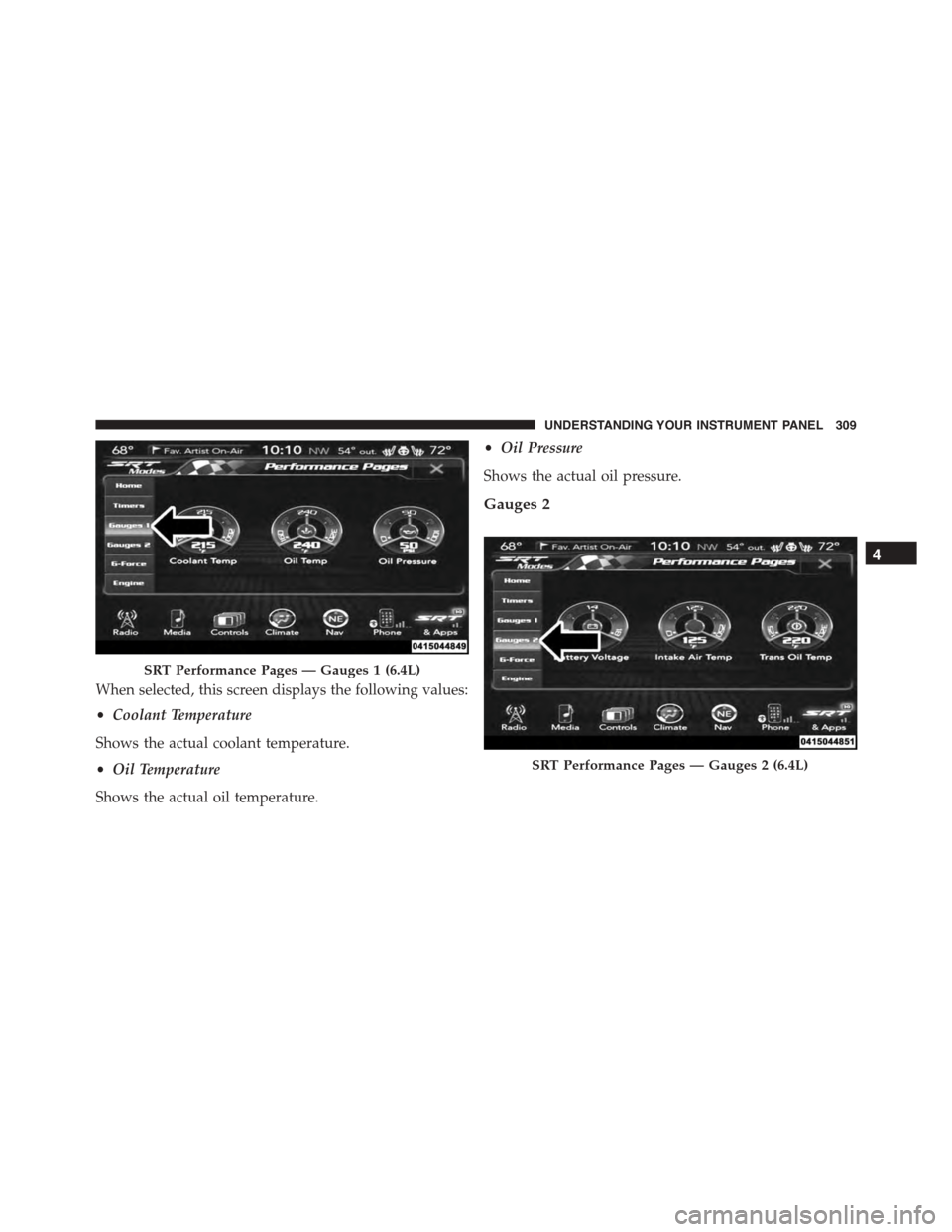 DODGE CHARGER SRT 2015 7.G Owners Manual When selected, this screen displays the following values:
•Coolant Temperature
Shows the actual coolant temperature.
•Oil Temperature
Shows the actual oil temperature.
•Oil Pressure
Shows the ac