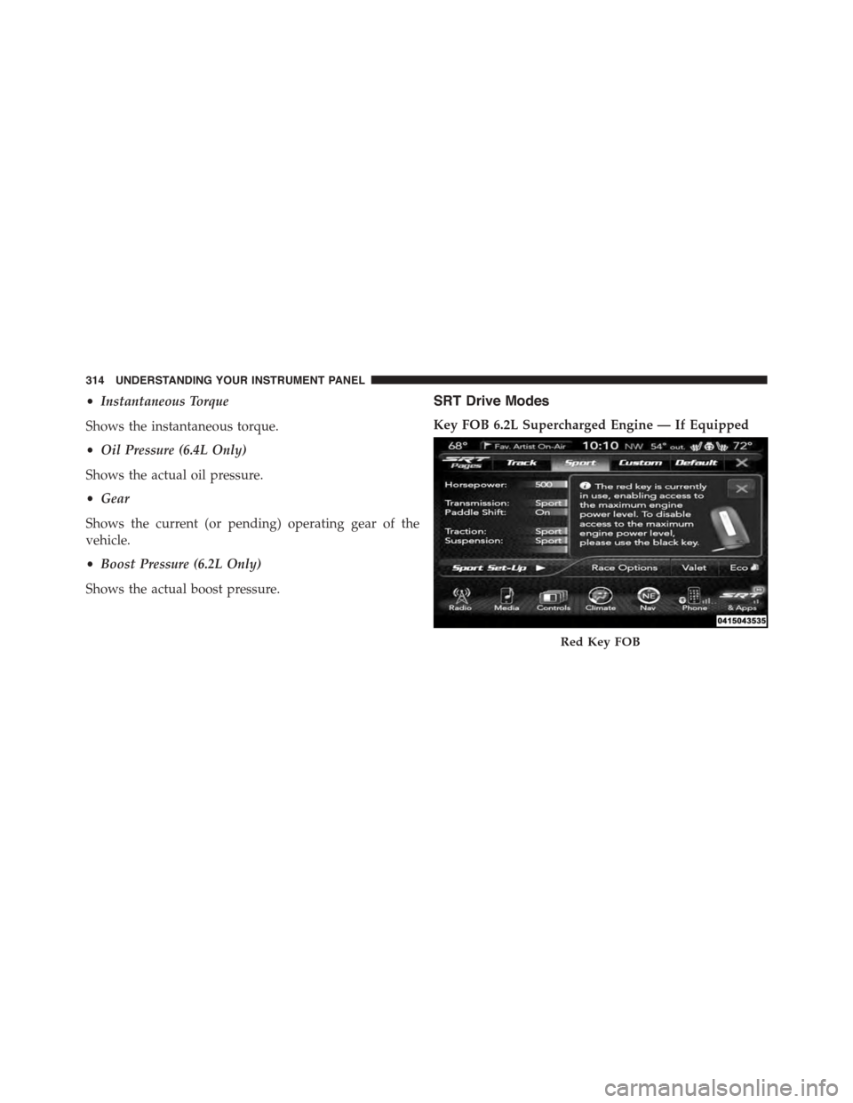 DODGE CHARGER SRT 2015 7.G Owners Manual •Instantaneous Torque
Shows the instantaneous torque.
•Oil Pressure (6.4L Only)
Shows the actual oil pressure.
•Gear
Shows the current (or pending) operating gear of the
vehicle.
•Boost Pressu