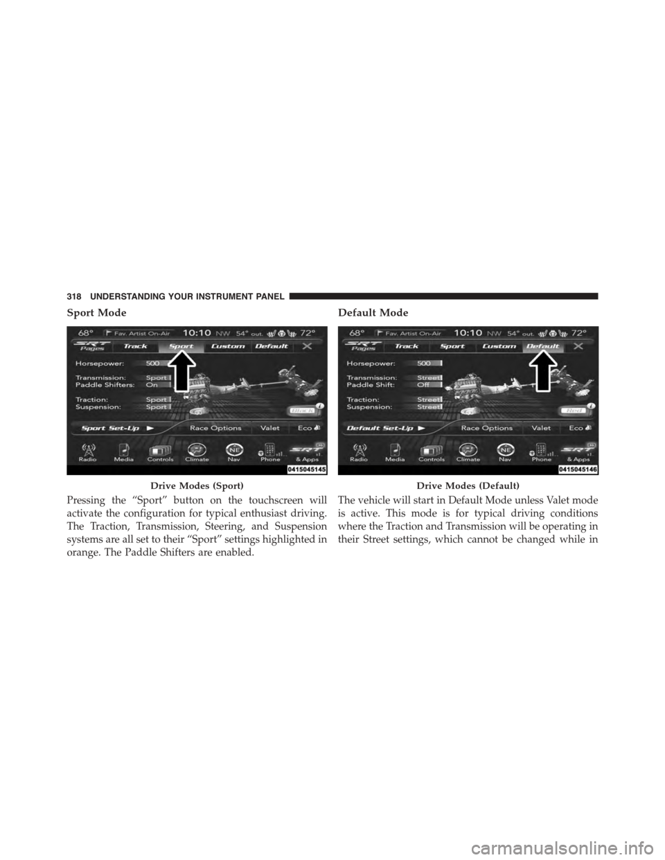 DODGE CHARGER SRT 2015 7.G Owners Manual Sport Mode
Pressing the “Sport” button on the touchscreen will
activate the configuration for typical enthusiast driving.
The Traction, Transmission, Steering, and Suspension
systems are all set t