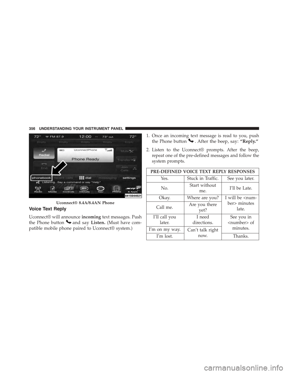 DODGE CHARGER SRT 2015 7.G Owners Manual Voice Text Reply
Uconnect® will announceincomingtext messages. Push
the Phone buttonand sayListen.(Must have com-
patible mobile phone paired to Uconnect® system.)
1. Once an incoming text message i