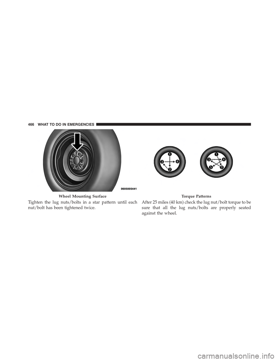 DODGE CHARGER SRT 2015 7.G Owners Manual Tighten the lug nuts/bolts in a star pattern until each
nut/bolt has been tightened twice.
After 25 miles (40 km) check the lug nut/bolt torque to be
sure that all the lug nuts/bolts are properly seat DODGE CHARGER SRT 2015 7.G Owners Manual Tighten the lug nuts/bolts in a star pattern until each
nut/bolt has been tightened twice.
After 25 miles (40 km) check the lug nut/bolt torque to be
sure that all the lug nuts/bolts are properly seat