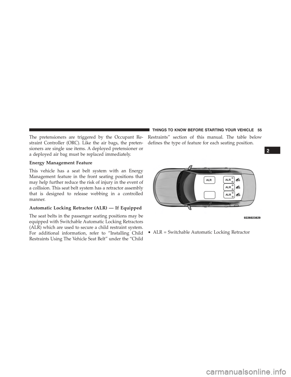 DODGE CHARGER SRT 2015 7.G Owners Manual The pretensioners are triggered by the Occupant Re-
straint Controller (ORC). Like the air bags, the preten-
sioners are single use items. A deployed pretensioner or
a deployed air bag must be replace