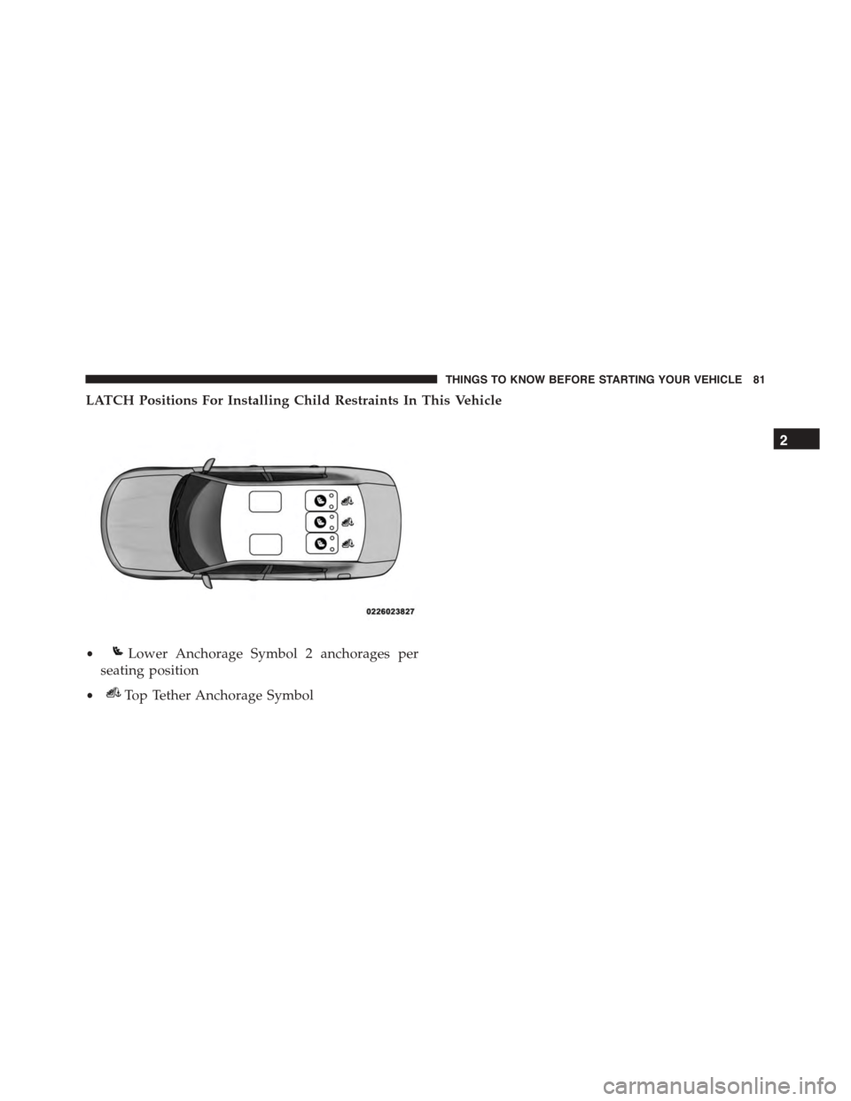 DODGE CHARGER SRT 2015 7.G Manual Online LATCH Positions For Installing Child Restraints In This Vehicle
•Lower Anchorage Symbol 2 anchorages per
seating position
•Top Tether Anchorage Symbol
2
THINGS TO KNOW BEFORE STARTING YOUR VEHICLE DODGE CHARGER SRT 2015 7.G Manual Online LATCH Positions For Installing Child Restraints In This Vehicle
•Lower Anchorage Symbol 2 anchorages per
seating position
•Top Tether Anchorage Symbol
2
THINGS TO KNOW BEFORE STARTING YOUR VEHICLE