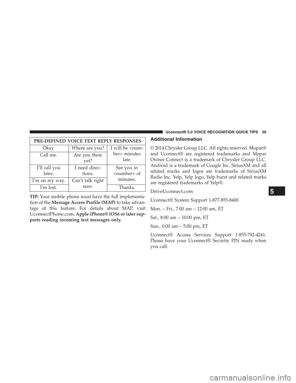DODGE CHARGER SRT 2015 7.G Uconnect 5 PRE-DEFINED VOICE TEXT REPLY RESPONSES
Okay. Where are you? I will be <num-
ber> minutes
late.Call me. Are you there
yet?
I’ll call you
later.
I need direc-
tions.
See you in
<number> of
minutes.I�