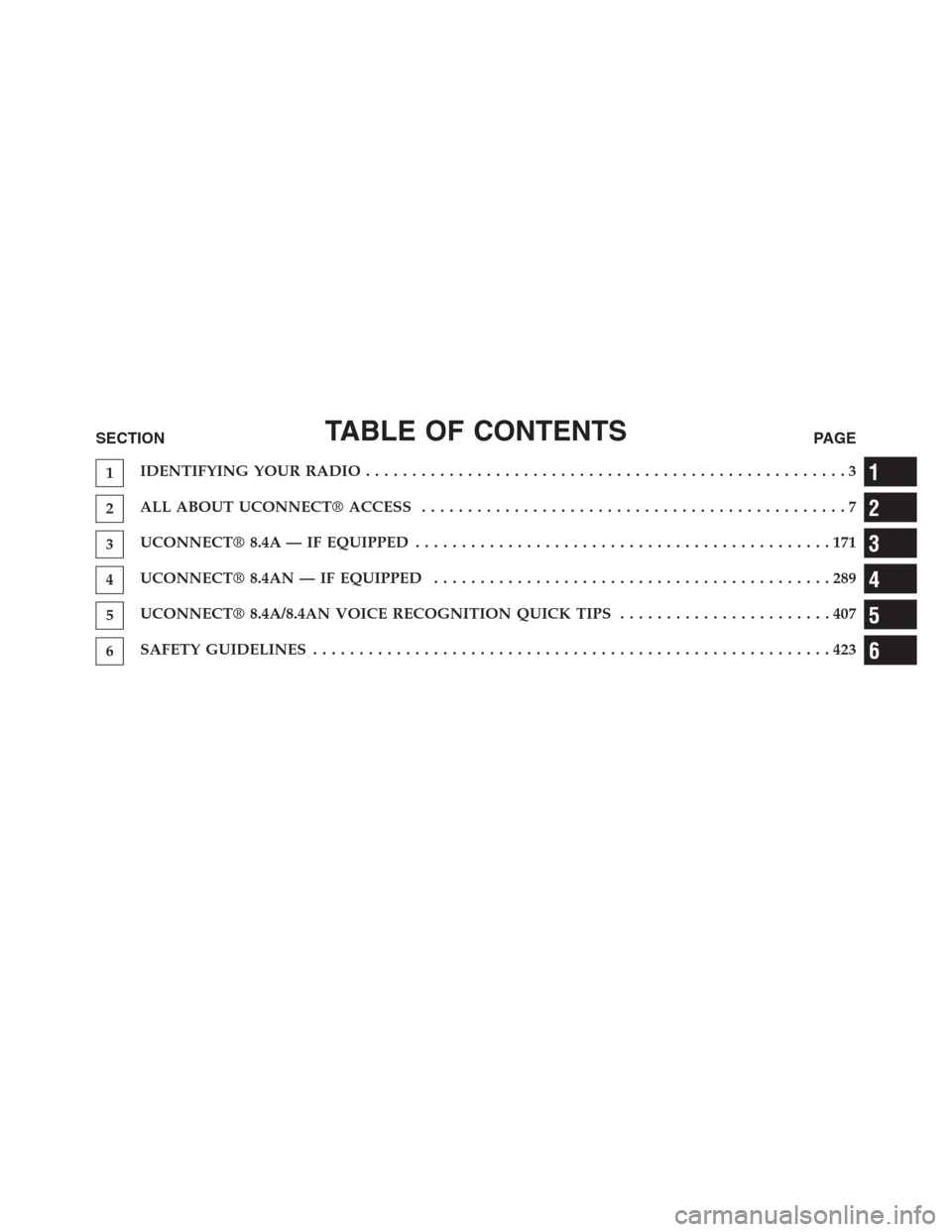 DODGE CHARGER SRT 2015 7.G Uconnect 8.4A TABLE OF CONTENTSSECTIONPAGE
1IDENTIFYING YOUR RADIO....................................................3
2ALL ABOUT UCONNECT® ACCESS..............................................7
3UCONNECT® 8.4A 
