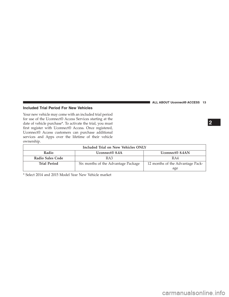 DODGE CHARGER SRT 2015 7.G Uconnect 8.4A Included Trial Period For New Vehicles
Your new vehicle may come with an included trial period
for use of the Uconnect® Access Services starting at the
date of vehicle purchase*. To activate the tria