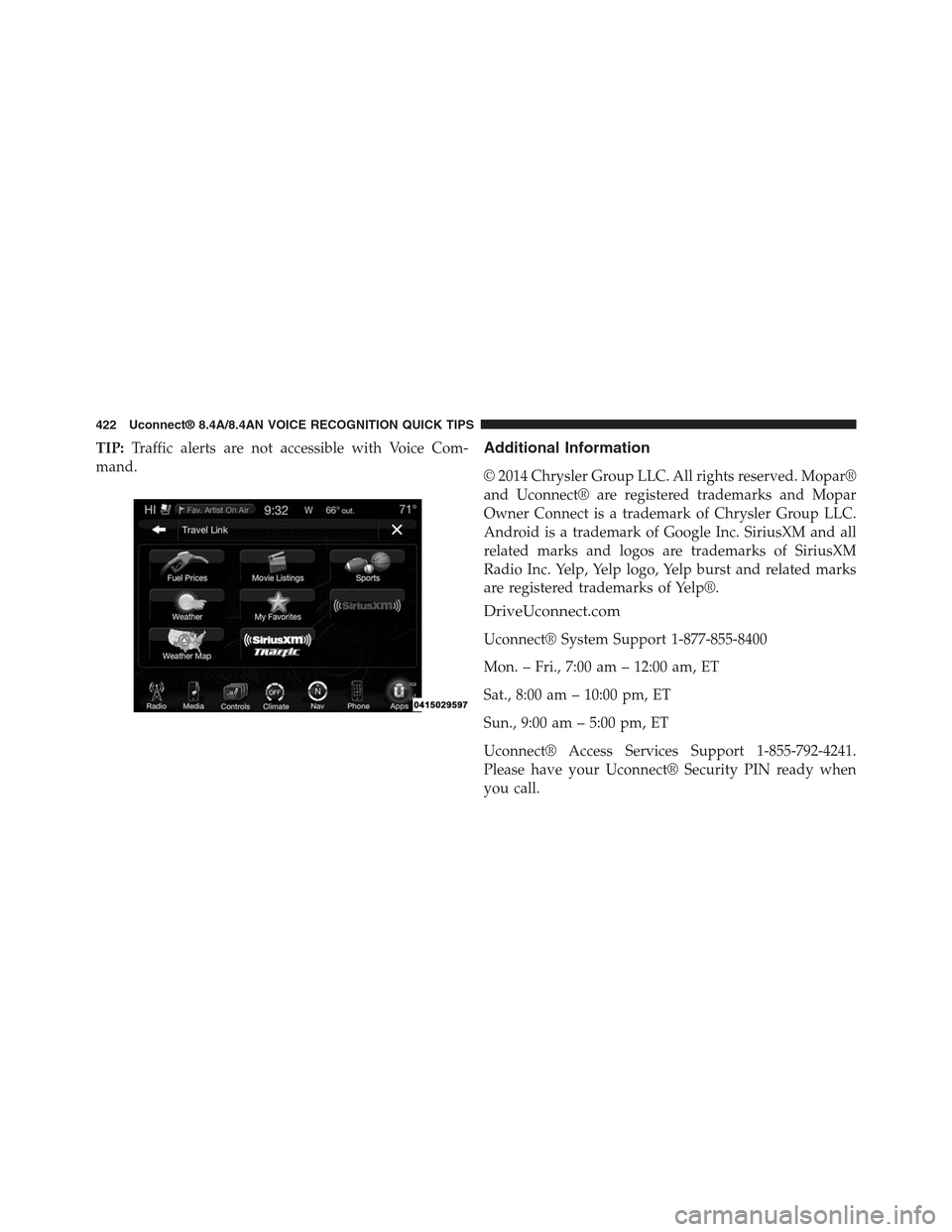 DODGE CHARGER SRT 2015 7.G Uconnect 8.4A TIP:Traffic alerts are not accessible with Voice Com-
mand.
Additional Information
© 2014 Chrysler Group LLC. All rights reserved. Mopar®
and Uconnect® are registered trademarks and Mopar
Owner Con