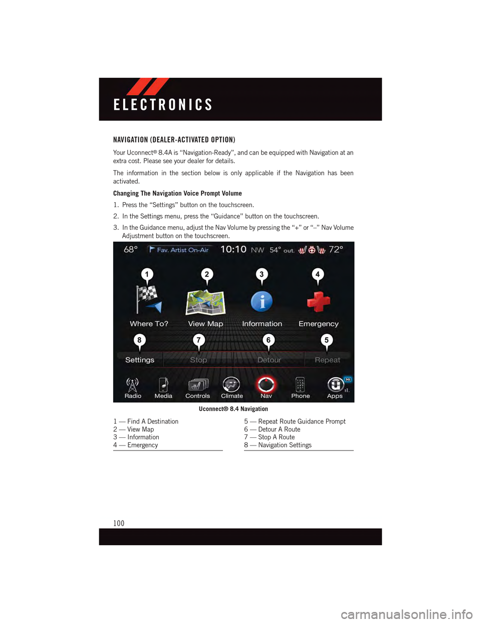 DODGE CHARGER 2015 7.G User Guide NAVIGATION (DEALER-ACTIVATED OPTION)
Yo u r U c o n n e c t®8.4A is “Navigation-Ready”, and can be equipped with Navigation at an
extra cost. Please see your dealer for details.
The information i DODGE CHARGER 2015 7.G User Guide NAVIGATION (DEALER-ACTIVATED OPTION)
Yo u r U c o n n e c t®8.4A is “Navigation-Ready”, and can be equipped with Navigation at an
extra cost. Please see your dealer for details.
The information i