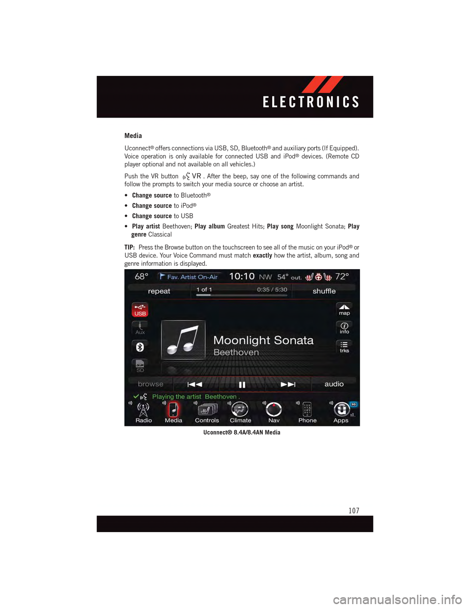 DODGE CHARGER 2015 7.G User Guide Media
Uconnect®offers connections via USB, SD, Bluetooth®and auxiliary ports (If Equipped).
Voice operation is only available for connected USB and iPod®devices. (Remote CD
player optional and not DODGE CHARGER 2015 7.G User Guide Media
Uconnect®offers connections via USB, SD, Bluetooth®and auxiliary ports (If Equipped).
Voice operation is only available for connected USB and iPod®devices. (Remote CD
player optional and not