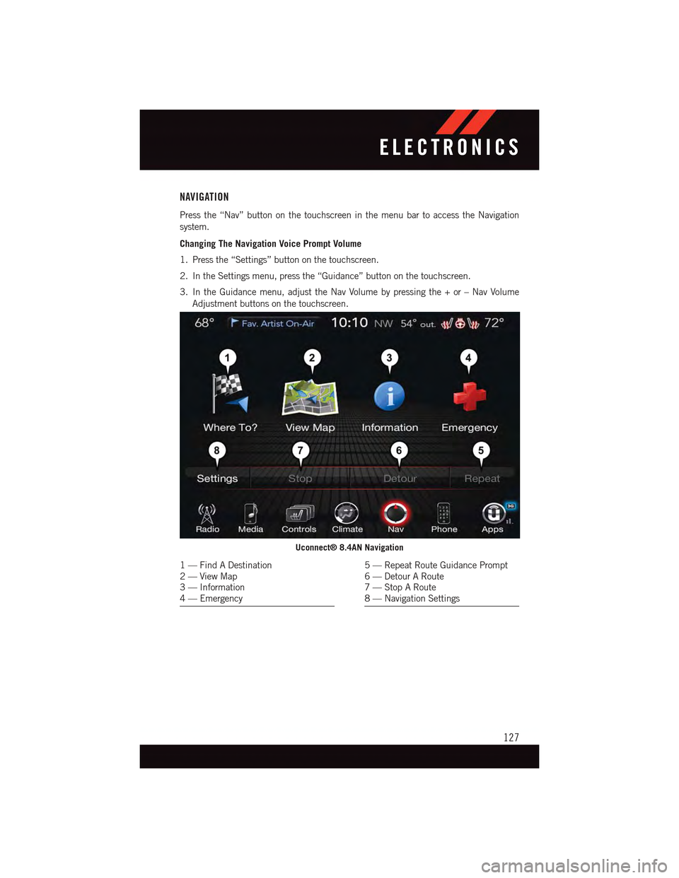 DODGE CHARGER 2015 7.G User Guide NAVIGATION
Press the “Nav” button on the touchscreen in the menu bar to access the Navigation
system.
Changing The Navigation Voice Prompt Volume
1. Press the “Settings” button on the touchscr DODGE CHARGER 2015 7.G User Guide NAVIGATION
Press the “Nav” button on the touchscreen in the menu bar to access the Navigation
system.
Changing The Navigation Voice Prompt Volume
1. Press the “Settings” button on the touchscr