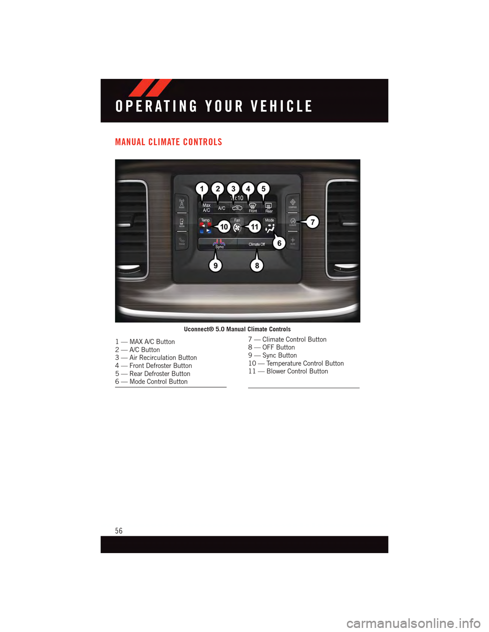 DODGE CHARGER 2015 7.G Workshop Manual MANUAL CLIMATE CONTROLS
Uconnect® 5.0 Manual Climate Controls
1—MAXA/CButton2—A/CButton3—AirRecirculationButton4—FrontDefrosterButton5—RearDefrosterButton6—ModeControlButton
7—ClimateCo DODGE CHARGER 2015 7.G Workshop Manual MANUAL CLIMATE CONTROLS
Uconnect® 5.0 Manual Climate Controls
1—MAXA/CButton2—A/CButton3—AirRecirculationButton4—FrontDefrosterButton5—RearDefrosterButton6—ModeControlButton
7—ClimateCo