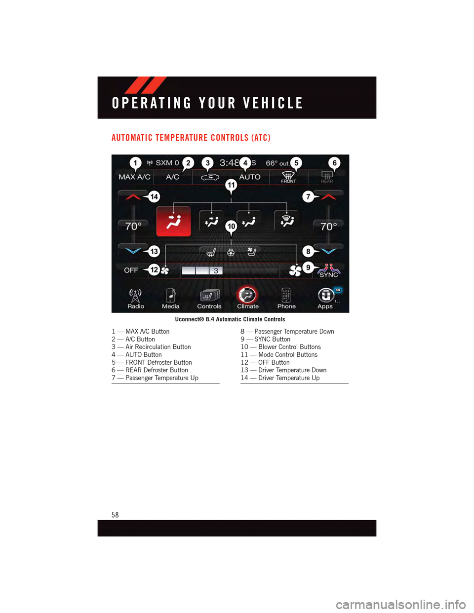 DODGE CHARGER 2015 7.G Workshop Manual AUTOMATIC TEMPERATURE CONTROLS (ATC)
Uconnect® 8.4 Automatic Climate Controls
1—MAXA/CButton2—A/CButton3—AirRecirculationButton4—AUTOButton5—FRONTDefrosterButton6—REARDefrosterButton7—P DODGE CHARGER 2015 7.G Workshop Manual AUTOMATIC TEMPERATURE CONTROLS (ATC)
Uconnect® 8.4 Automatic Climate Controls
1—MAXA/CButton2—A/CButton3—AirRecirculationButton4—AUTOButton5—FRONTDefrosterButton6—REARDefrosterButton7—P